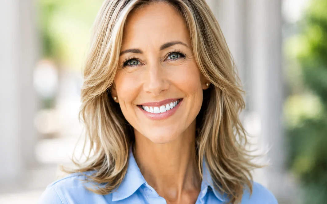 Woman smiling after crown and bridge treatment