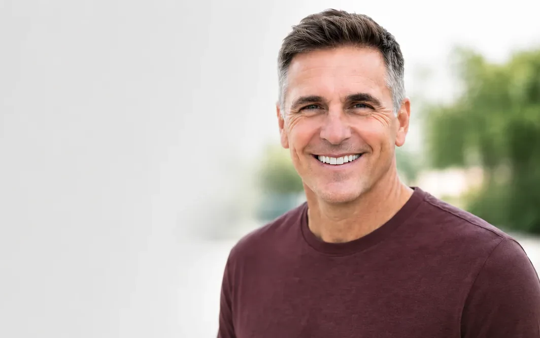 Man smiling after dental implant treatment