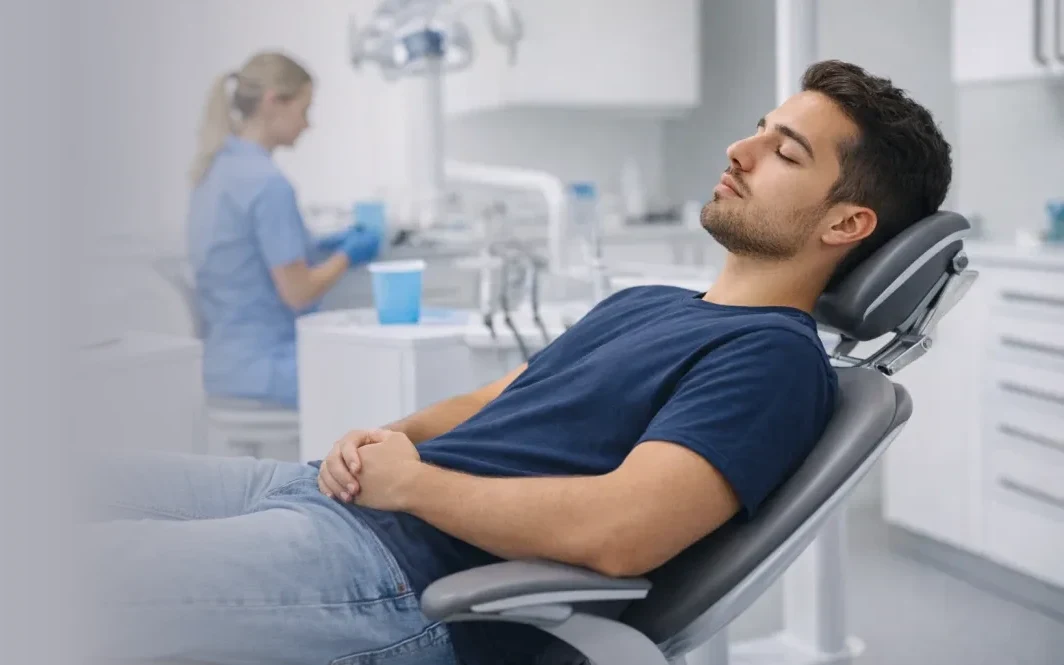 Relaxed patient reclining in the dental chair during sedation dentistry