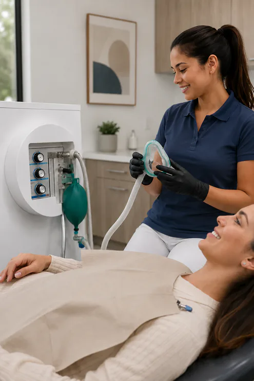 female-dentist-preparing-inhalation-sedation-mask-put-her-patient laughing gas sedation